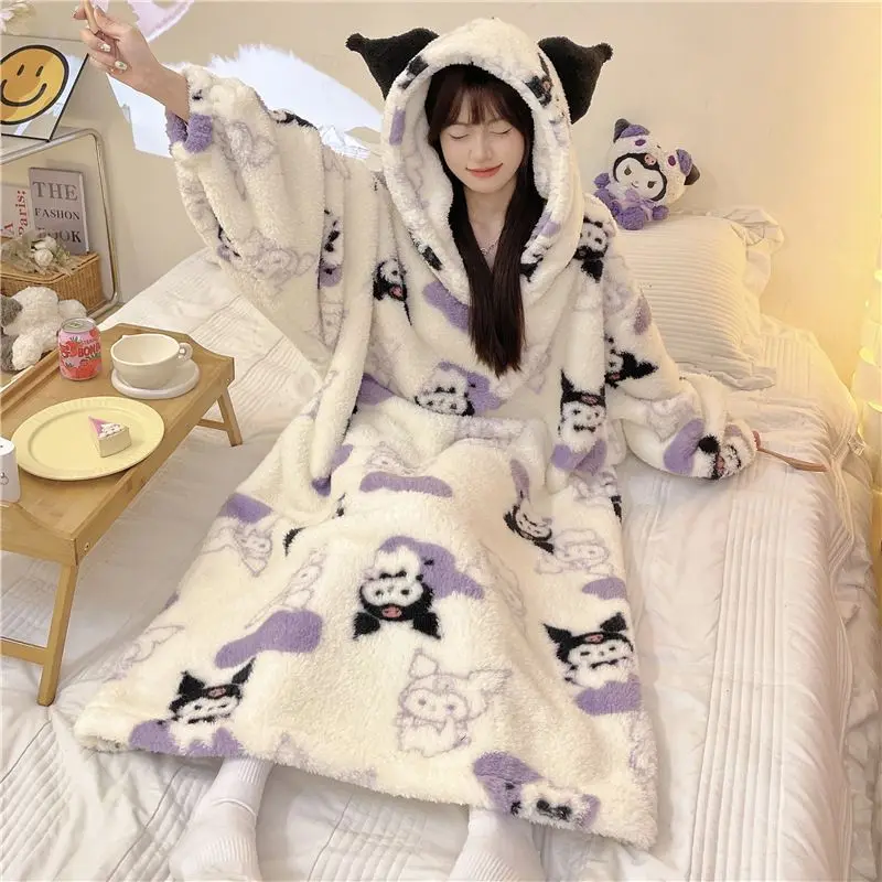 Sanrios Kuromi Pajama Skirt Anime Cartoon Woman Autumn Winter Plush Robe Home Wear Keep Warm Girl Long Style Oversized Nightgown