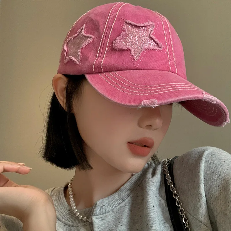 Vintage Pink Ripped Baseball Cap for Women Korean Fashion Summer Accessories Vacation Hat Outdoors Sun Peaked Caps Female 2024