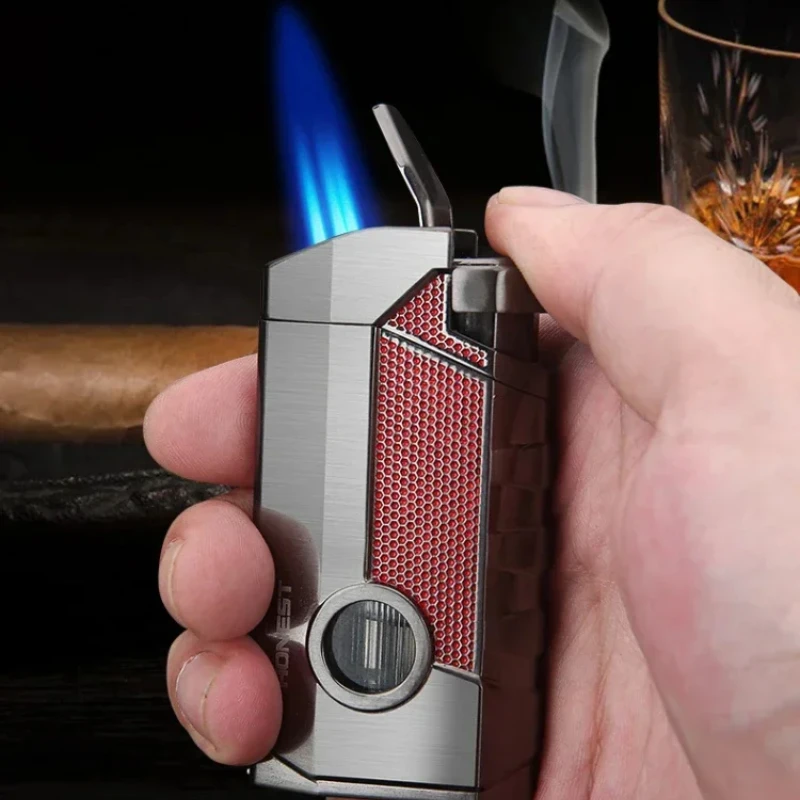 

New Honest Windproof Three Fire Direct Blue Flame Lighter Inflatable Gas Lighter with Cigar Tool High-end Business Men's Gift