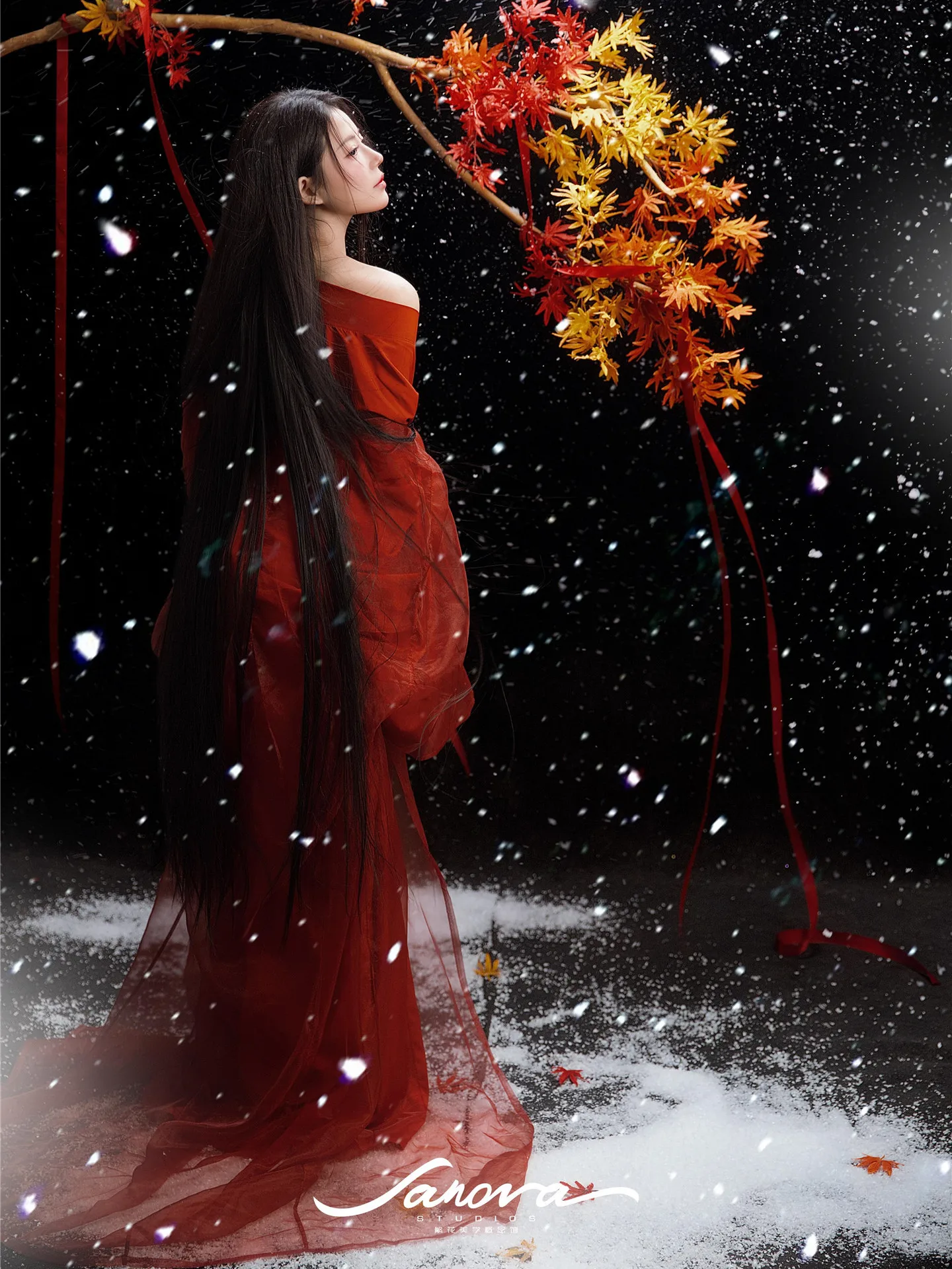 

Ele Red Hanfu Women's Costume Art Photoaphy Indoor Maple Le Baund Stage Performance Traditional Chinese Faion