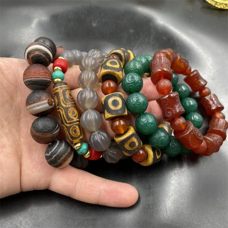 Tibetan Retro Distressed Three-Eye Dzi Agate-Tube Beads Bracelet-Grain Carved