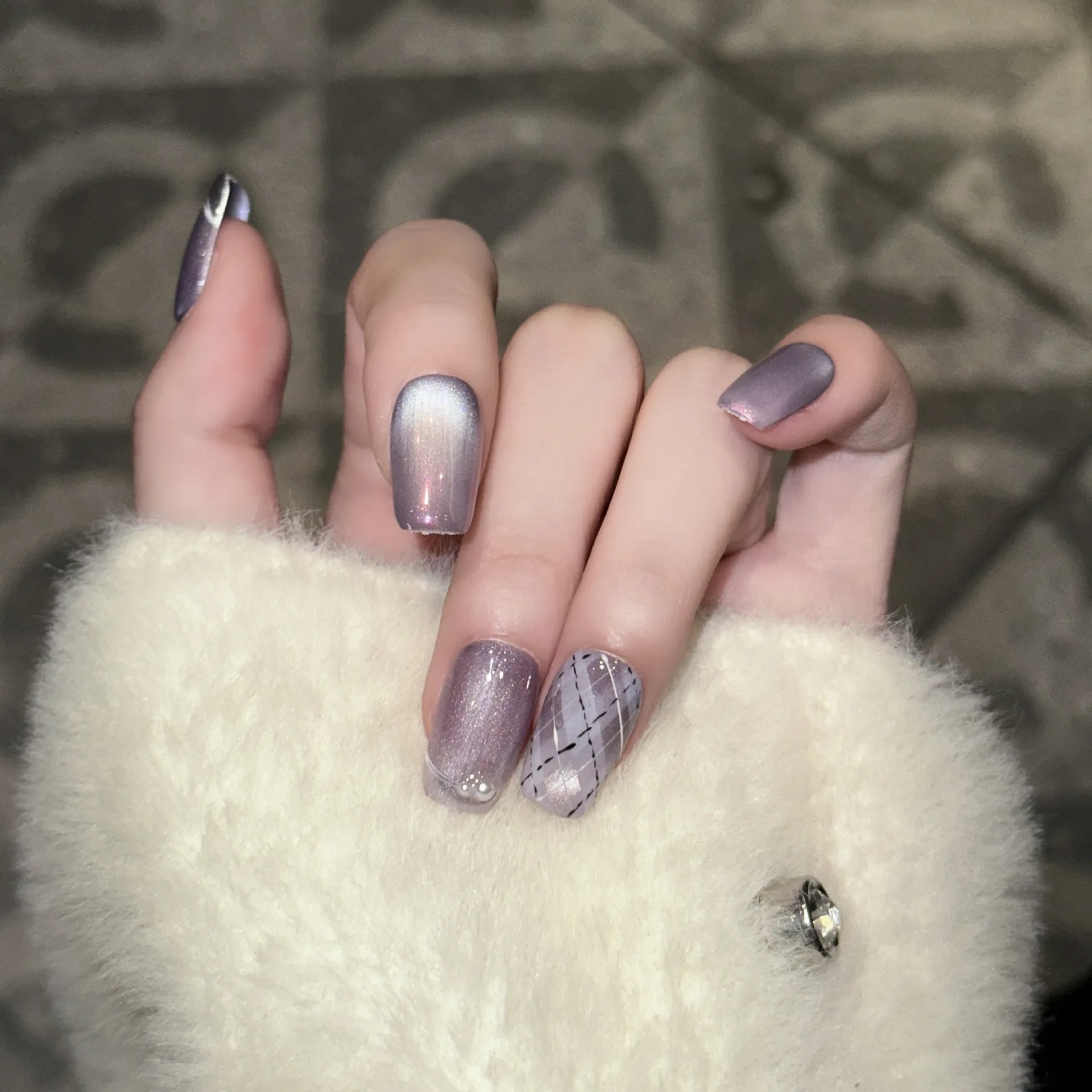 

10pcs Purple Aurora Handmade Magic Mirror French Press on Nails Simple Nails Full Cover Wearable False Nails