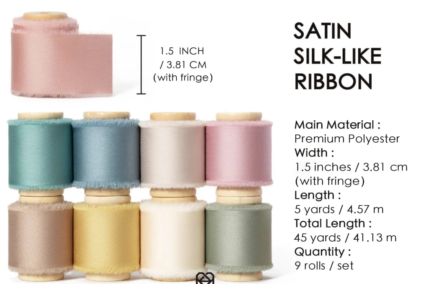 Silk Satin Ribbon 1-1/2 Inch x 45 Yard Wooden Spool Assorted Color Handmade Frayed Ribbons for Gift Wrapping Baby Shower Wedding