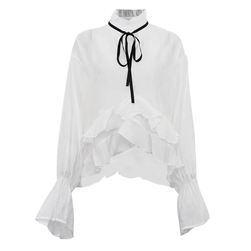 Fashion See Through White Shirt Women Flare Sleeve Oversized Sexy Smock Tops Women Elegant Blouse Shirts Chic Women Clothing