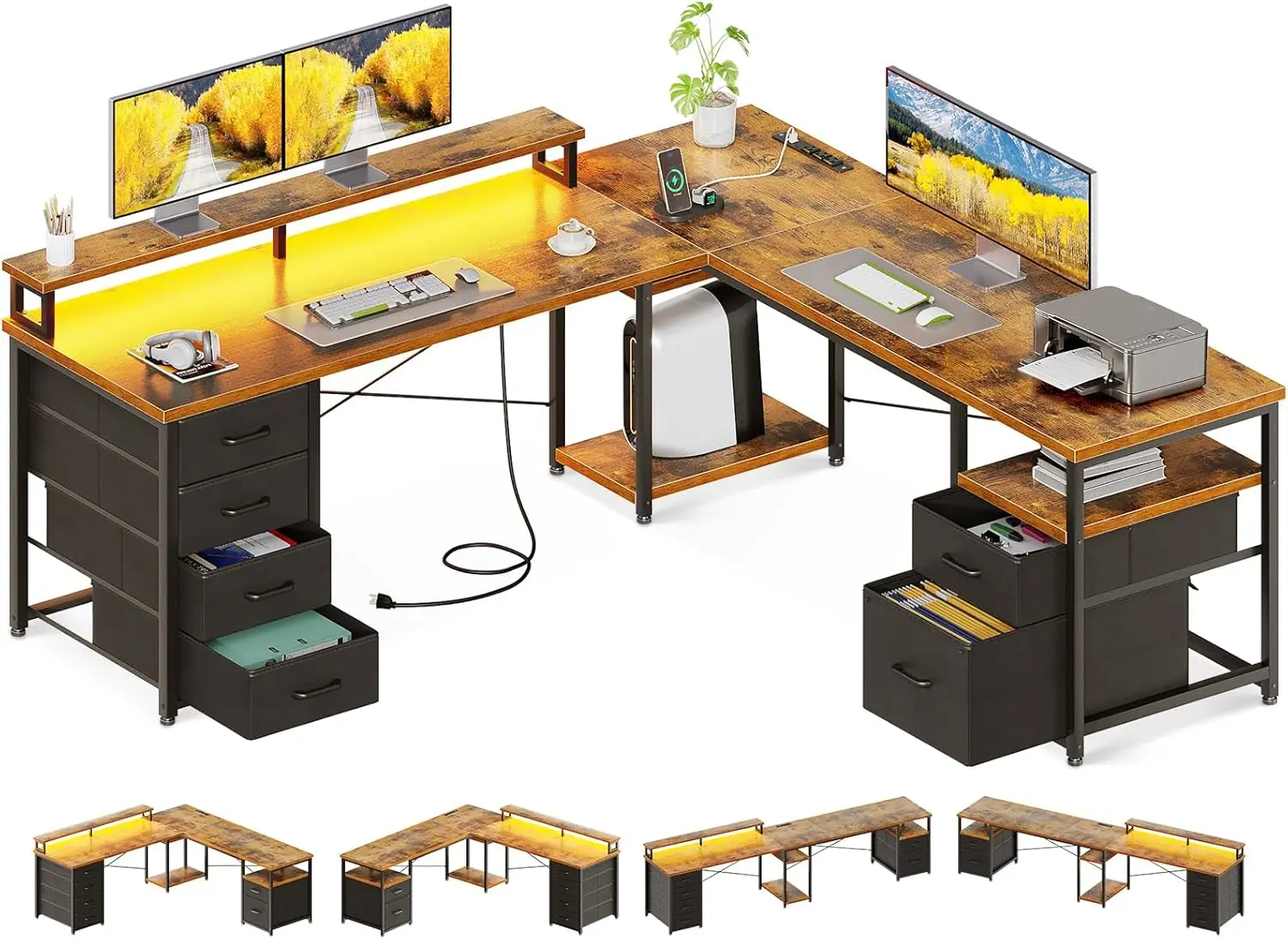 

L-shaped computer desk, 105 "reversible home desk with filing cabinet and 4 fabric drawers, double desk with