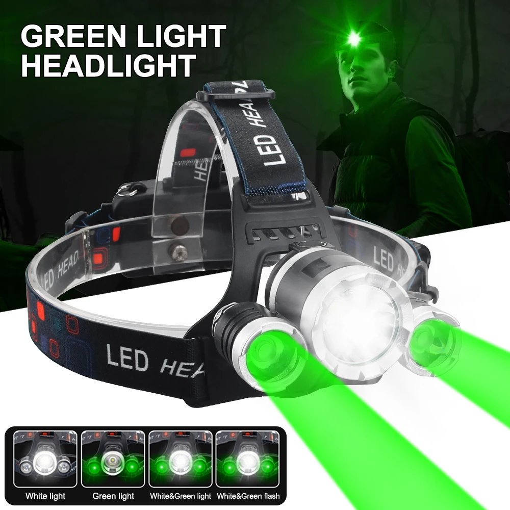 Portable White LED Main Light Headlamp+Green/Red/395NM UV Side Lamp USB Charging Hunting Headlight Outdoor Camping Lantern