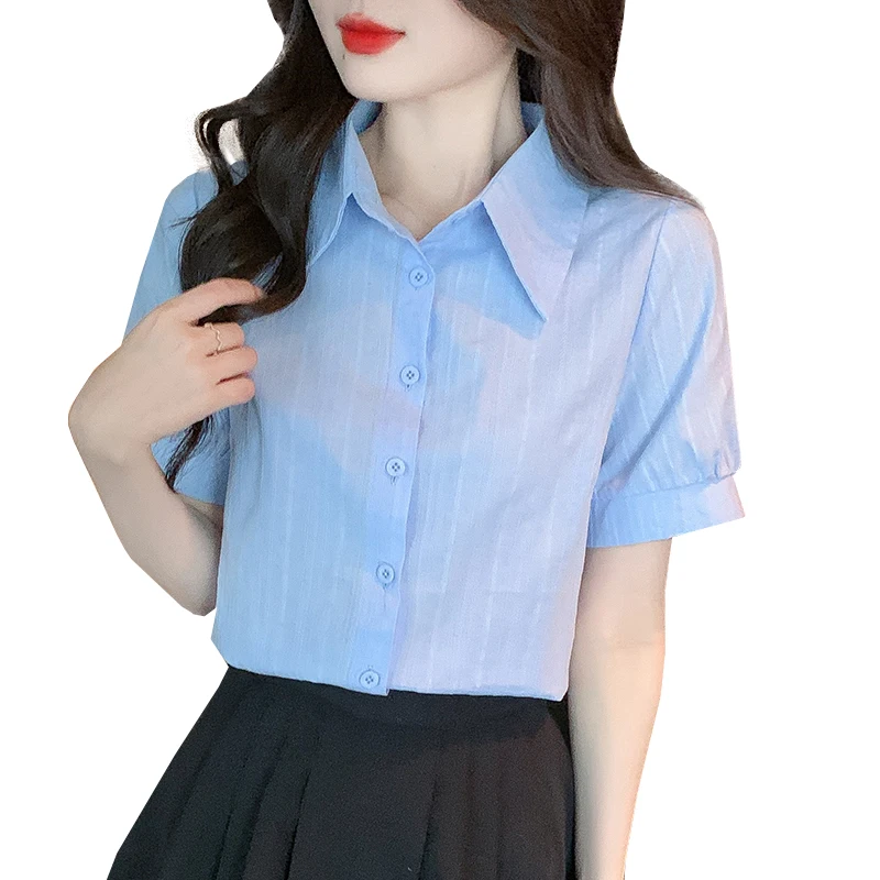 Camisa polo casual de manga curta, tops simples, blusa branca e azul, nova moda, verão, 2024