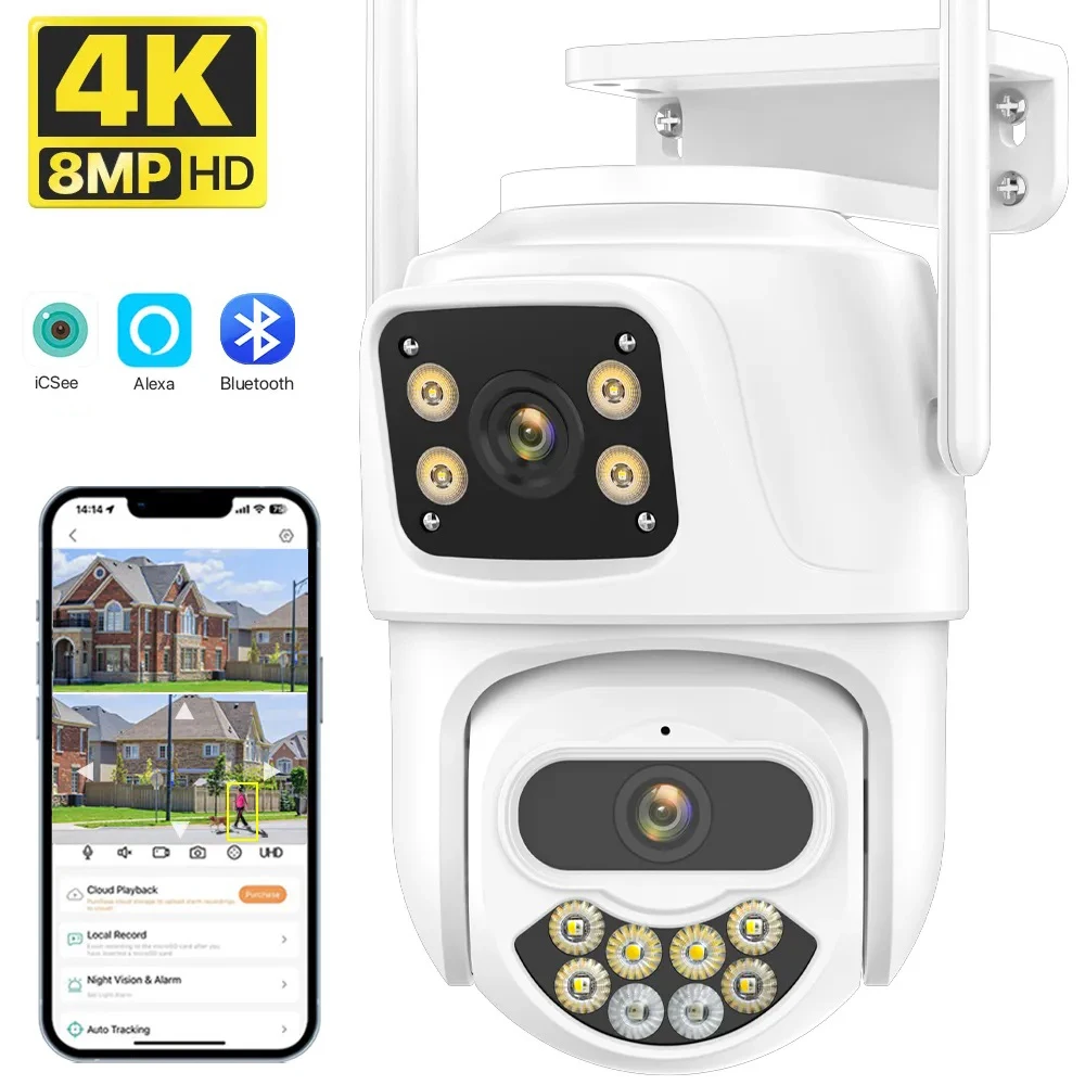 

8MP 4K PTZ WIFI Camera Dual Lens Dual Screen IP Wireless Camera Outdoor 4MP HD Auto Tracking Street Surveillance Camera iCsee