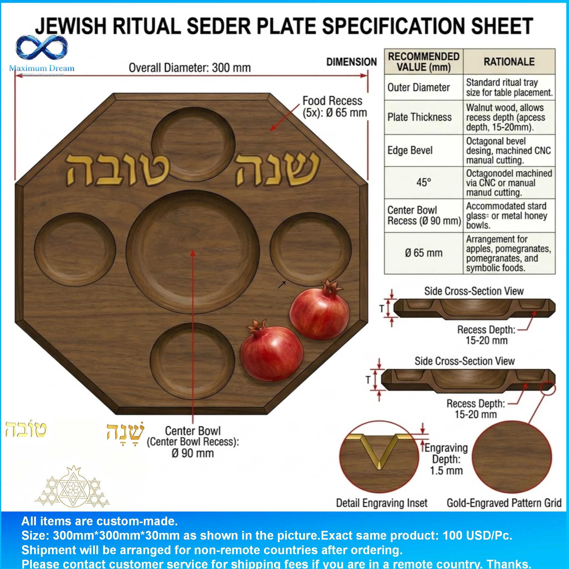Custom CNC Machining for Rosh Hashanah Seder Plate - Bespoke Pomegranate Design per Your Drawing - Factory Judaica Fabrication