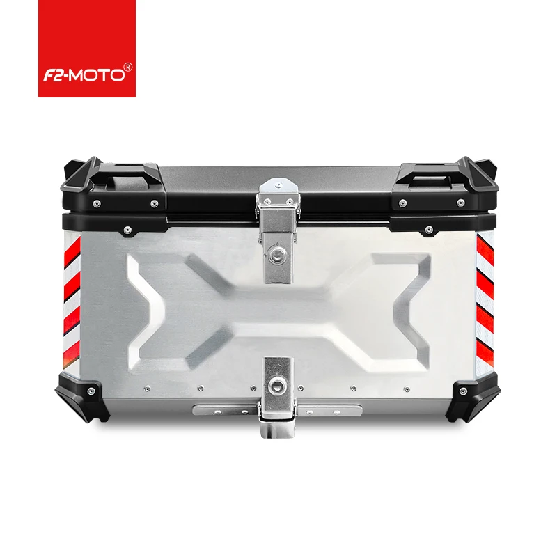 Vendita calda in fabbrica 65L Argento + Nero X Design F2-MOTO Scatola per bagagliaio universale in alluminio Custodia superiore per bagagli Scatola di coda per moto