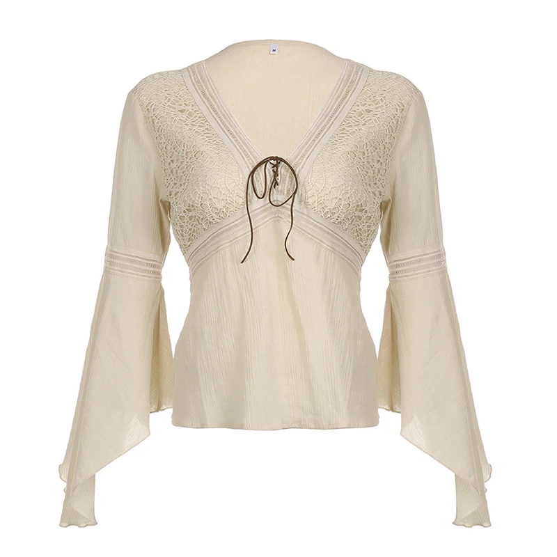 Rapcopter y2k Lace T Shirt donna Flare Full V Neck Bow Vintage Fairycore pullover Bohemian Harajuku Cute Chic Tee autunno nuovo