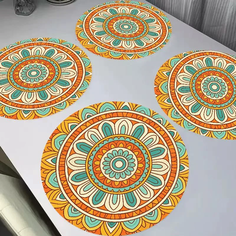 VIKAMA Warm Coffee Gradient Dahlia Mandala Round Linen Placemats, Heat Resistant for Dining Table Kitchen Decor