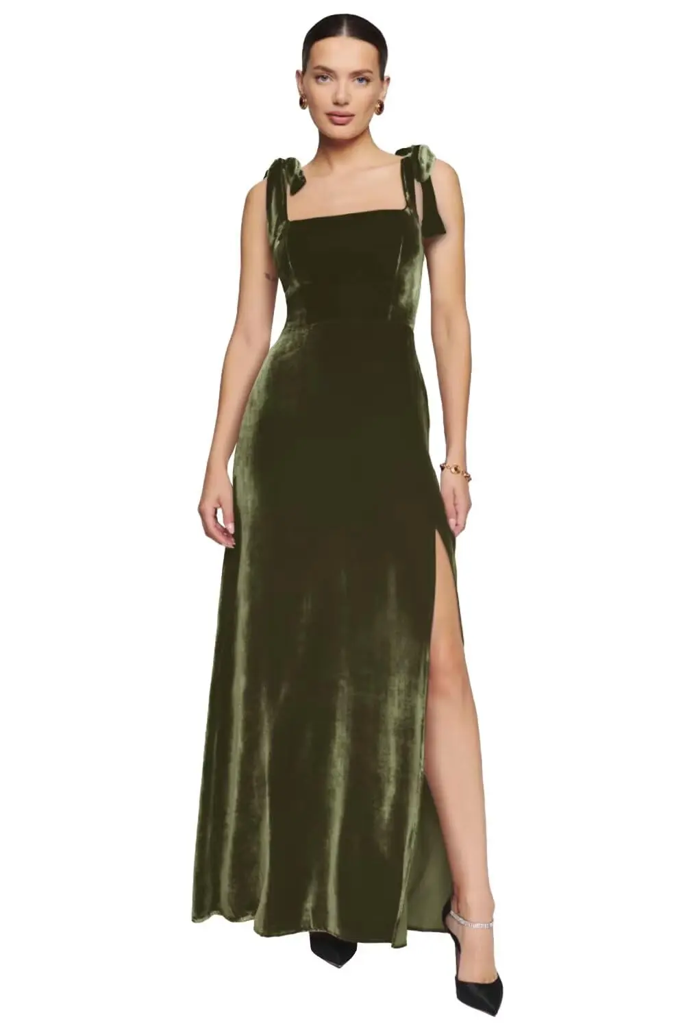 

Beshinel Customized Bow Straps Velvet Bridesmaid Dresses Formal Occassion Party Prom Gowns with Slit Floor Length Evening Dress