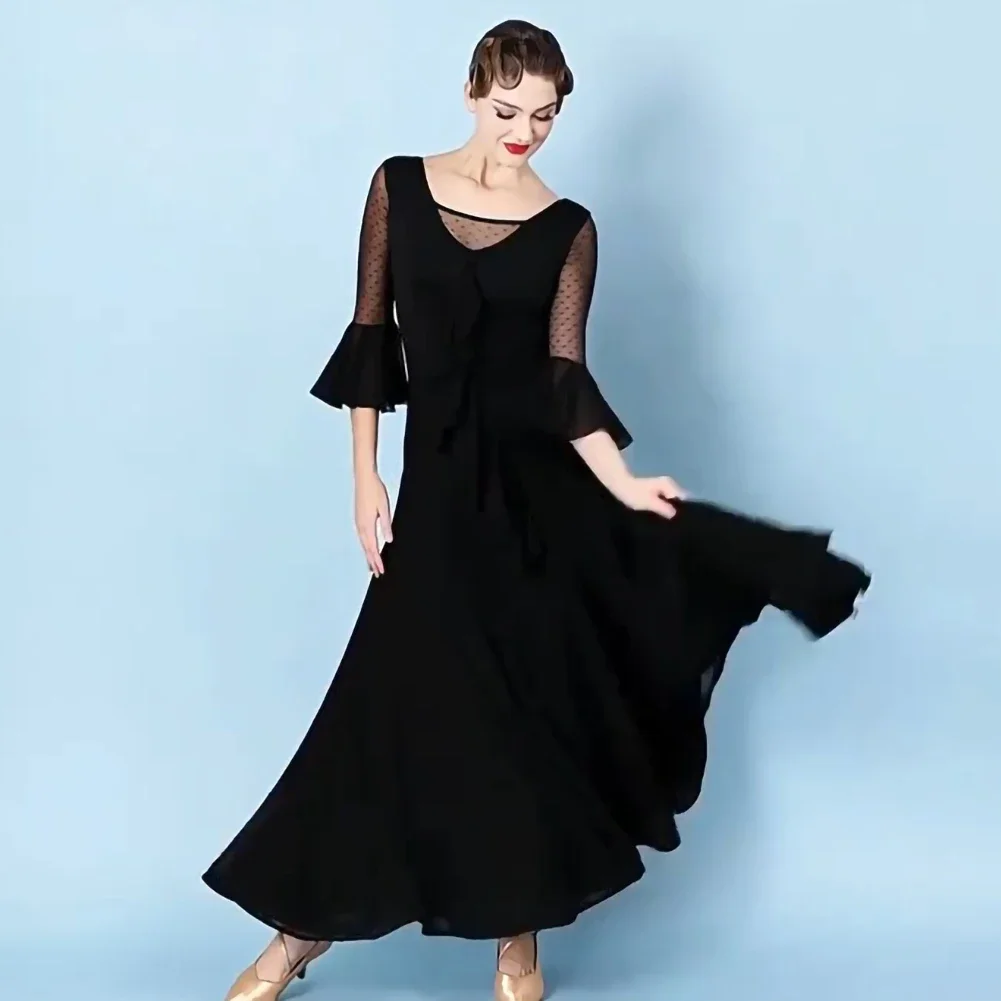 

Women wine red Horn Sleeve V-neck Competition dress Waltz Party Ballroom Dancing Dress Black Polka Dot Sexy Adult