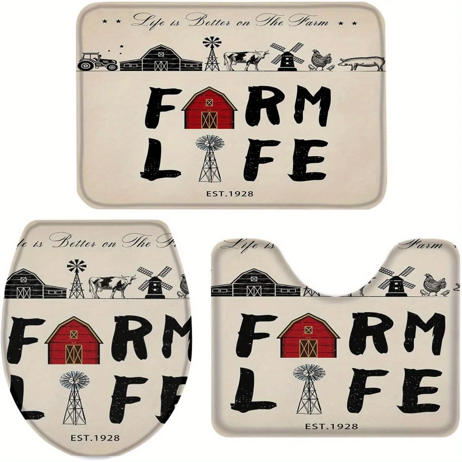 

Набор ковриков для ванной комнаты на колесах из 3 предметов — винтажный декор фермерского дома с нескользящими впитывающими ковриками, U-образным ковриком для унитаза с сельскохозяйственными животными и