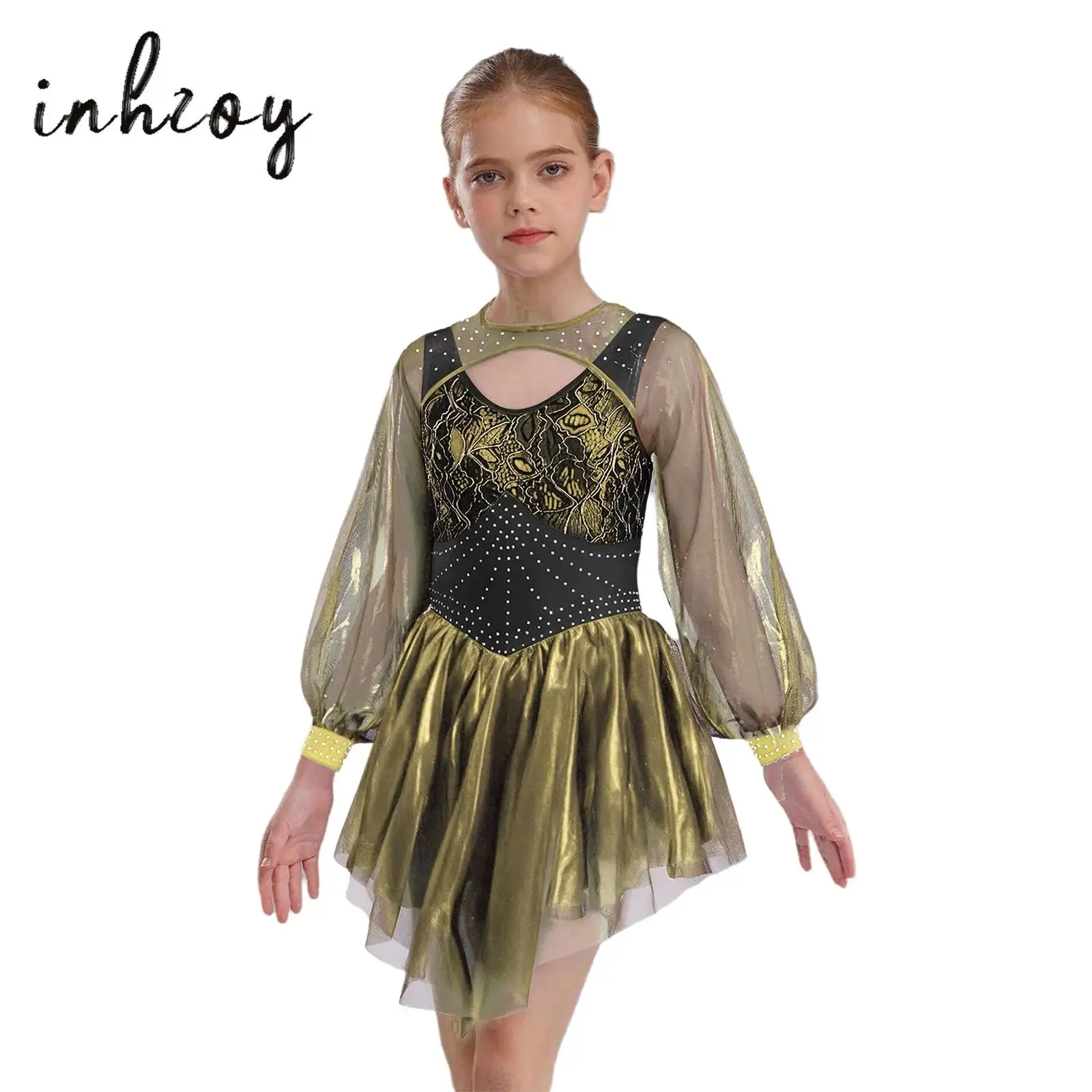 

Kids Girls Lyrical Dance Dress Halloween Princess Cosplay Costume Lace Rhinestone Long Sleeves Cutout Bodice Irregular Hem Dress