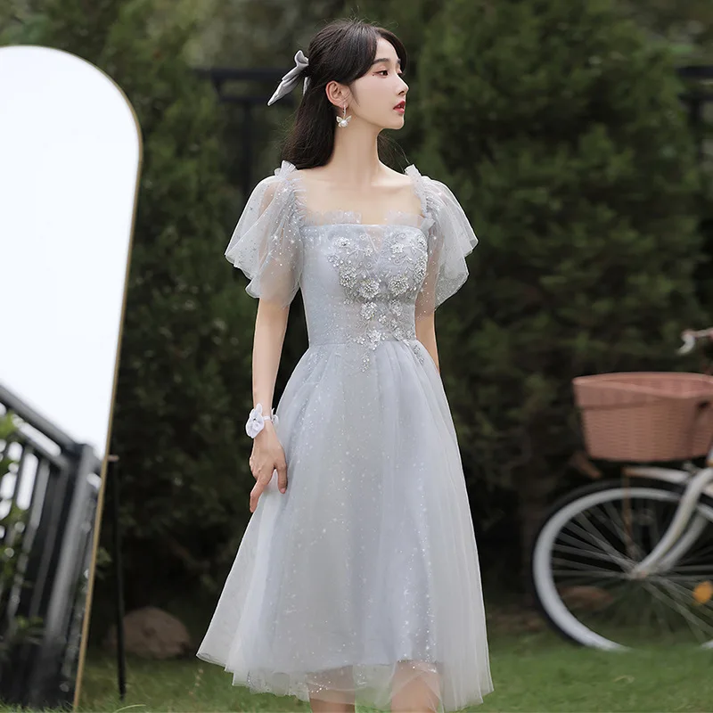 Ofallsis Grey Bridesmaid Dress 2024 Women's New Spring Autumn Fairy Sweet Thin Gauze Girlfriends Sisters Group Evening Dresses