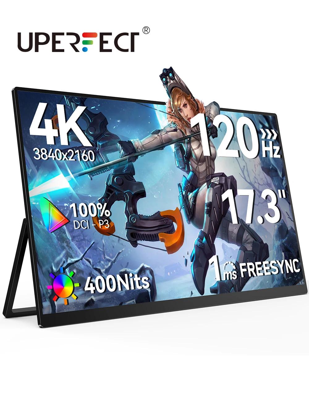 

UPERFECT 4K UHD Portable Monitor 17.3 Inch 100% DCI-P3 120Hz FreeSync Gaming Display For Switch PS5 Xbox PC Laptop MAC Phone