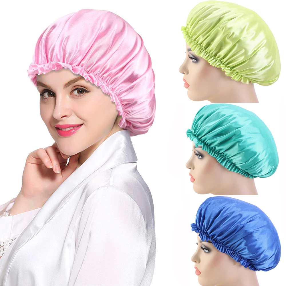 Única camada cetim chuveiro cap, noite cap feminino, limpeza doméstica, vermelho, verde, amarelo, 1 pc