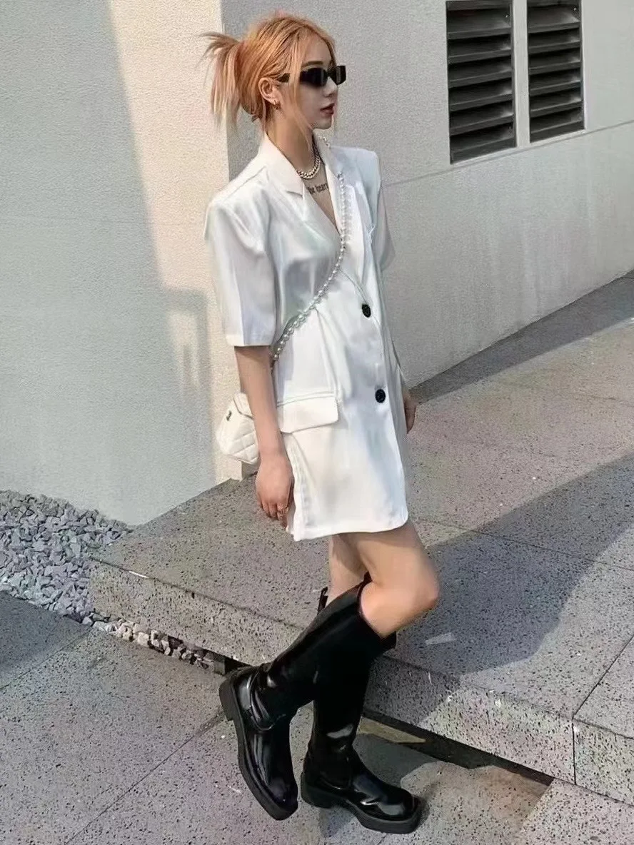 [oein] High End Suit Collar Short Sleeved Shirt Women Summer New Loose And Versatile Casual Mid To Long Top For Women