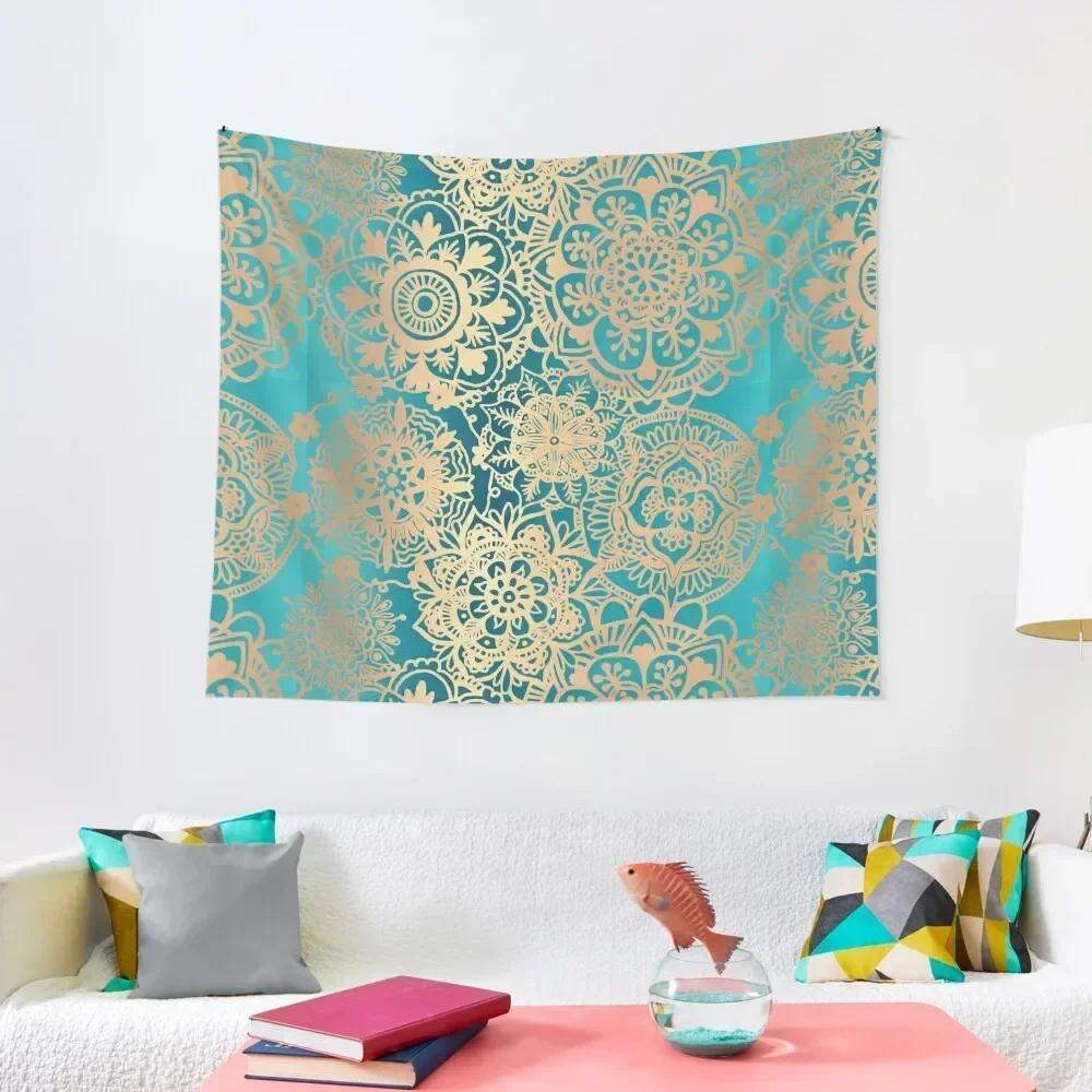 

Teal Green and Gold Mandala Pattern Tapestry Room Aesthetic Decorative Wall Wall Decoration Tapestry