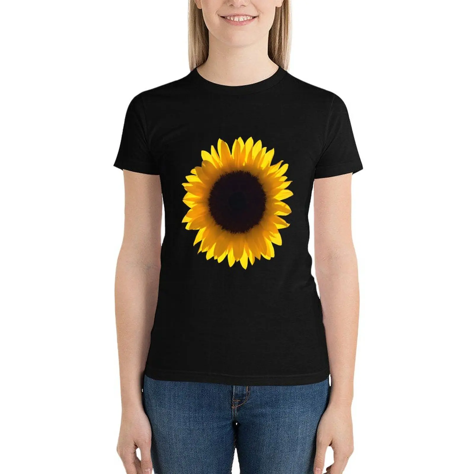 

Large Single Yellow Sunflower Eclipse T-Shirt Short sleeve tee Aesthetic clothing plus size tops t-shirts for Women cotton