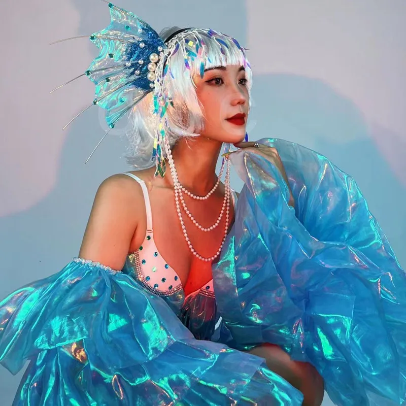 Disfraz de sirena para Cosplay, tocado de perlas azules, Bikini con borlas de lentejuelas, trajes de baile de manga grande, ropa de escenario Rave para fiesta en club nocturno