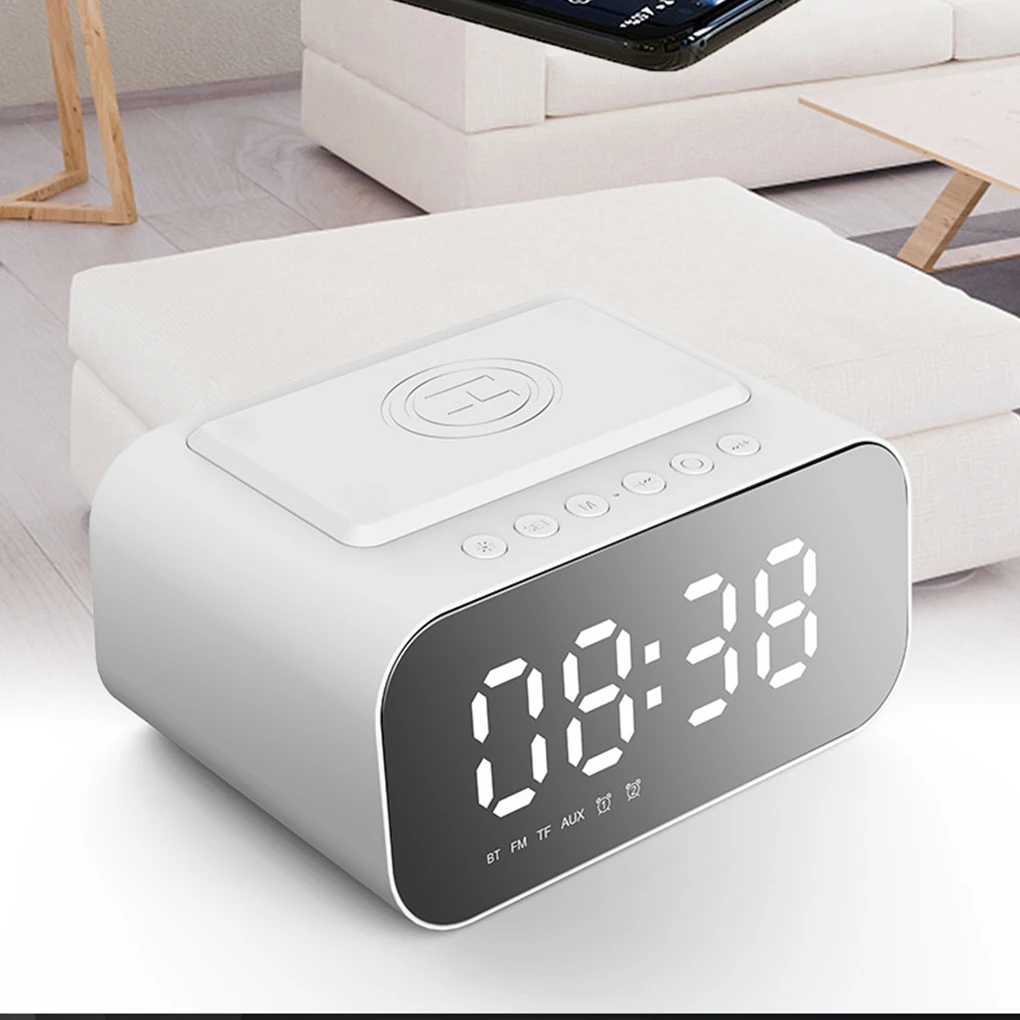 Digital Alarm Clock Bluetooth Speaker FM Radio Wireless Charger Phone Charging Pad USB Fast Charger Table Clock