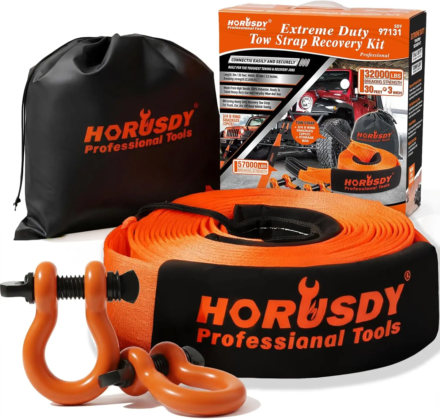 

Heavy Duty Tow Strap 3" x 30Ft, 32,000 LBS Break Strength with D Ring Shackles for Vehicle Recovery in Mud/Snow