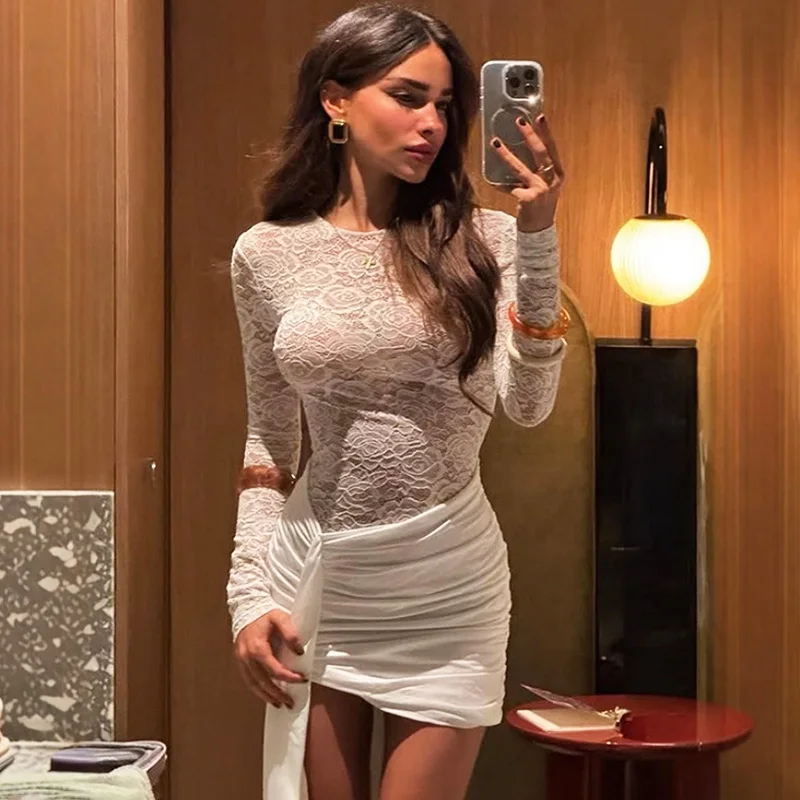 

Ticketsx Sexy Lace See Through Dress Women Ruched Patchwork Hollow Out Lace Up Slim Dress Fashion New Date Party Evening Dress