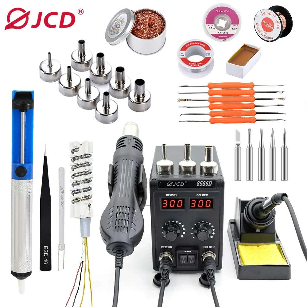 JCD 2 in 1 Soldering Station Digital Display SMD Rework Hot Air Gun Solder Iron 220V ESD Welding Desoldering Repair Tools 8586D