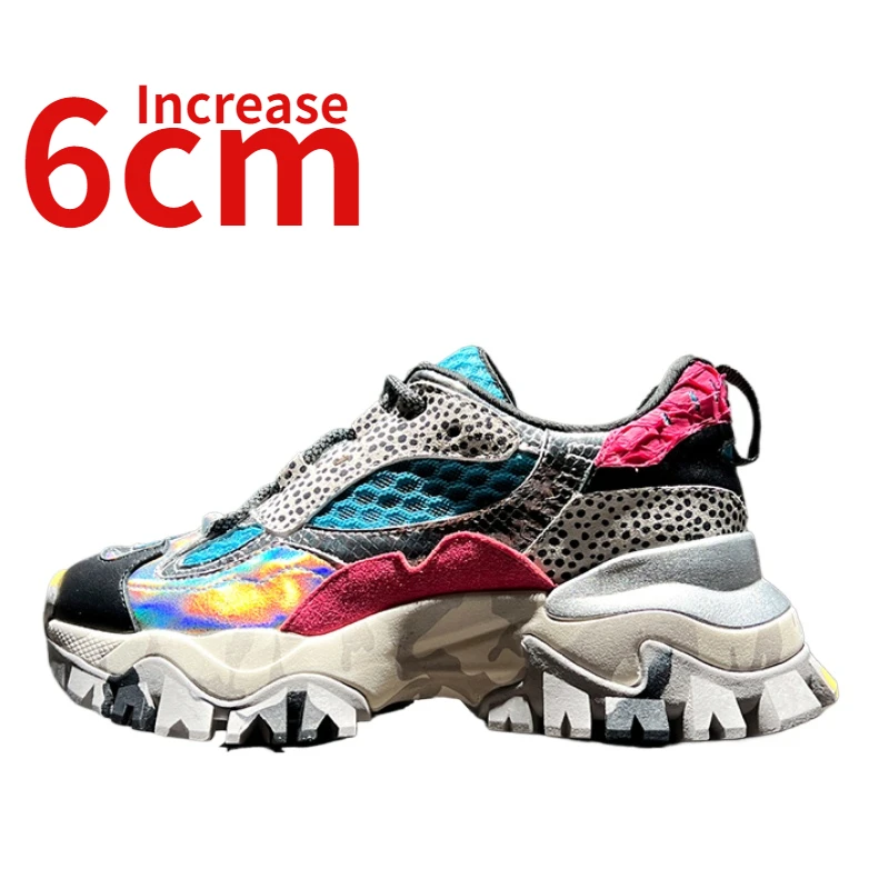 

European/American Colorful Dad Shoes Women Increased 6cm Colorful Graffiti Leather Thick Flatform Breathable Mesh Elevator Shoes