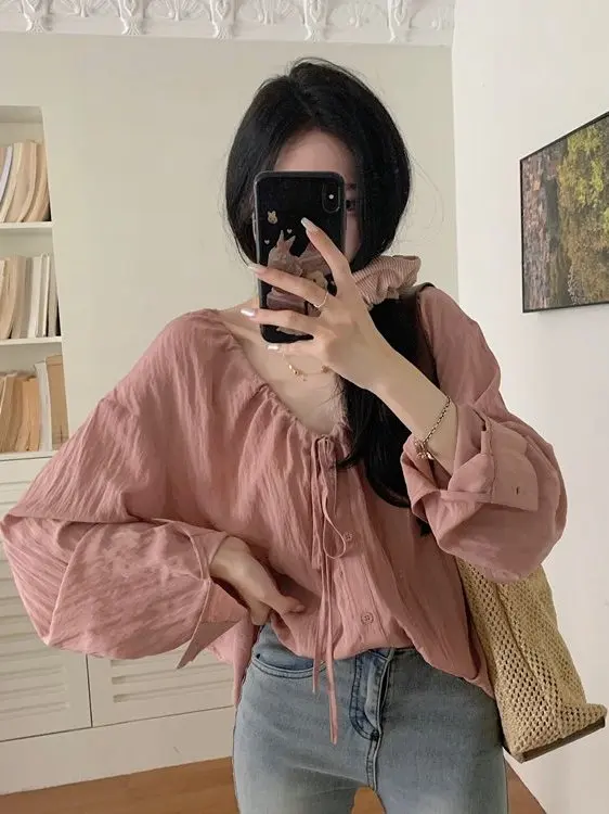 

plus Size Women's V-Neck Belted Design Shirt Spring Summer Slimming Top Versatile Fashionable Princess Style Long Sleeve Shirt