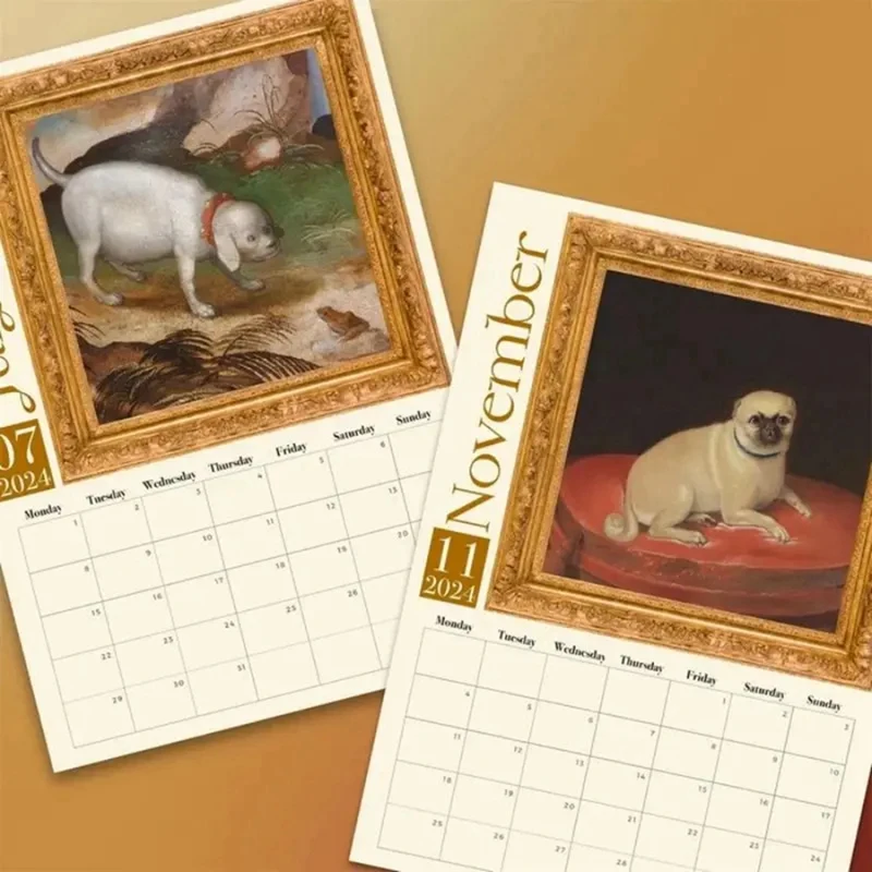 Kalender aneh Renaissance anjing 2024 Retrowall kalender abad pertengahan antisobek anjing kalender dinding