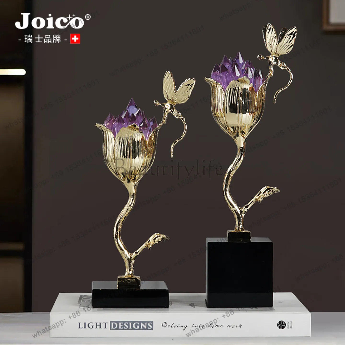 Ornament light luxury crystal stone flower home living room TV cabinet desktop dragonfly decoration