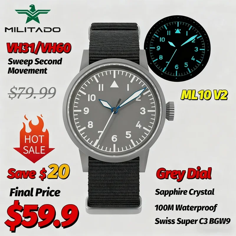 

Militado Ml10 V2 Vintage Watch VH31 VH60 Sweep Second Quartz Watch AR Coating Sapphire Luminous BGW9 C3 100M Waterproof Watches