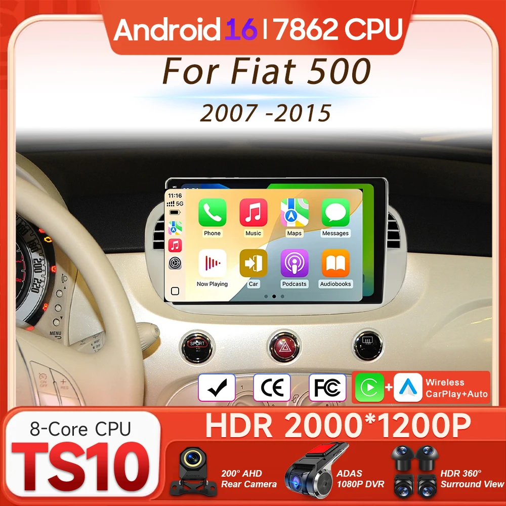 

Мультимедийный проигрыватель Android 16 для Fiat 500 2007-2015, беспроводной Carplay, автомагнитола, видео, Wi-Fi, навигация, GPS, головное устройство 2DIN