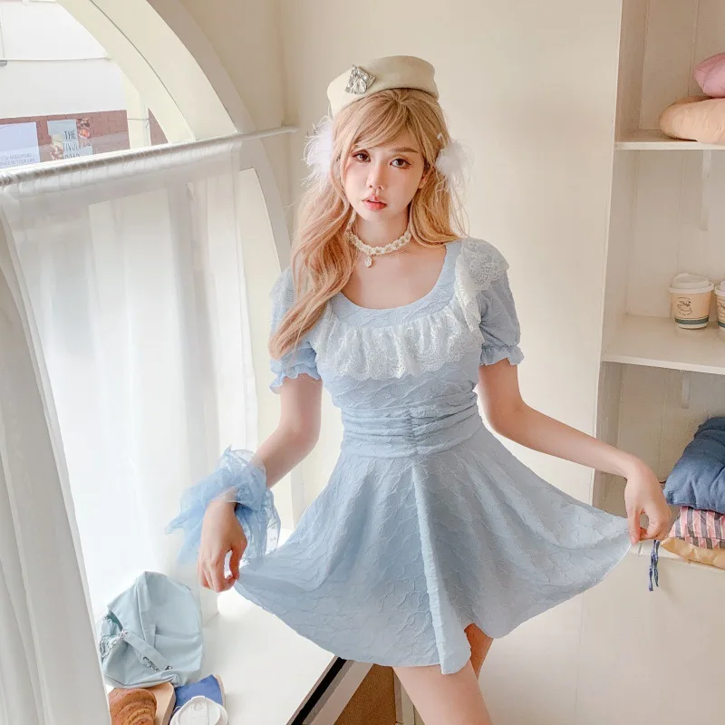 

Lolita Girls Lace Ruffle Swim Dress One-Piece Thermal Spring Swimsuit Women's Fairy Atmosphere Slimming Belly Cover up Swimwear