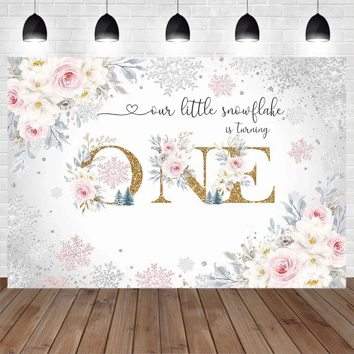 

Winter Newborn Girl Baby One Birthday Party Decoration Background Prop Snowflake Flower Silver Backdrop Children Studio Photo