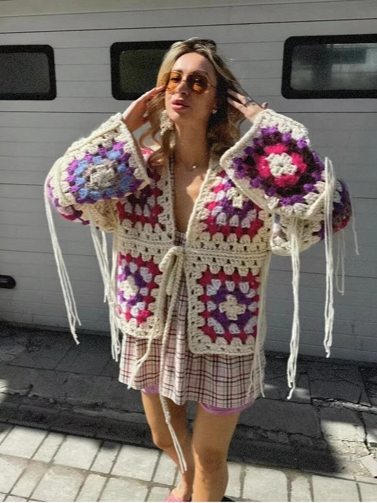 Gypsylady Boho Retro Chic Knitted Sweater Cardigan Flower Handmade Crochet Hollow Out Autumn Summer Women Jumper Knitwear New