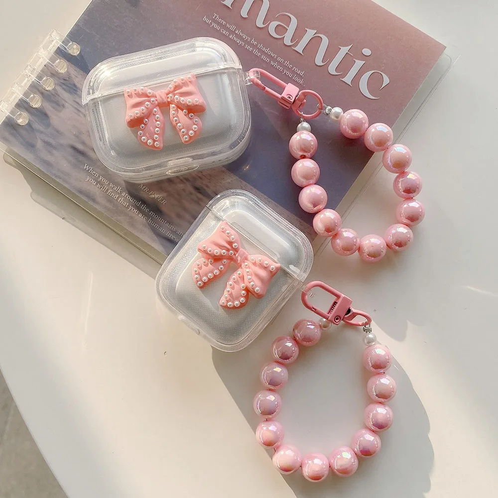 Корейский симпатичный Жемчужный Розовый лазерный браслет с бантом прозрачная фотография для Apple Airpods 1 2 Pro 3 Беспроводная зарядная коробка для наушников мягкий чехол