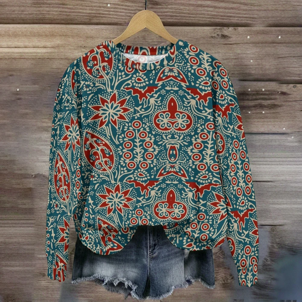 Unique Women's Ethnic Print Casual Hoodie Sweatshirt, Casual Loose Coat, Stylish Holiday Cardigan, Women’s Winter Outerwear,