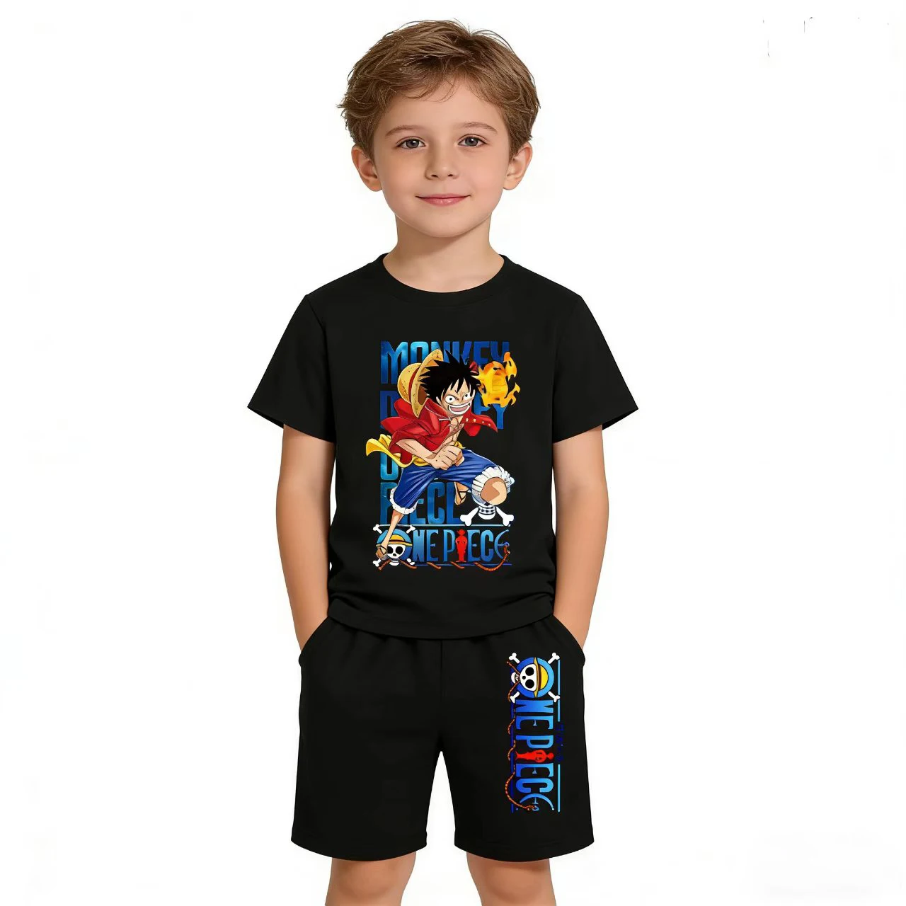 

Children Summer T-shirt Anime Street Print Black White Top+Shorts Two-piece set Boy Girl 3-12 Yrs Casual Sports Jogging Coat Set