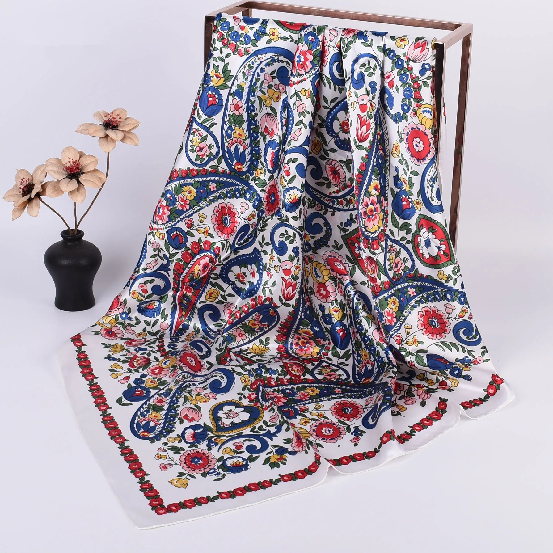 

90*90cm Women Silk Square Scarf Luxury Brand Large Shawl Neckerchief Print Headband Ladies Foulard Bandana Wraps Hijab Scarves