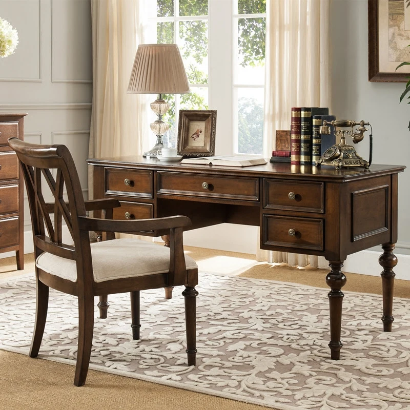 

American country solid wood desk European computer writing desk study furniture desk chair bookcase combination