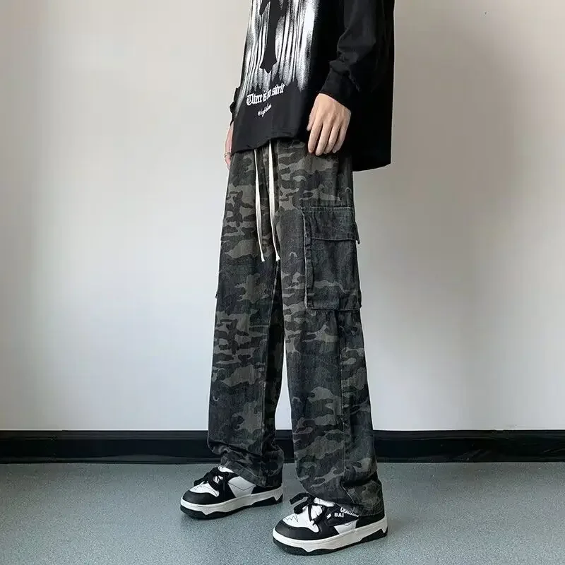 Mit Taschen Herren Jeans Camouflage Hose Weites Bein gestapelt Weiche japanische Street Style Y 2k Vintage Casual Männliche Cowboyhose