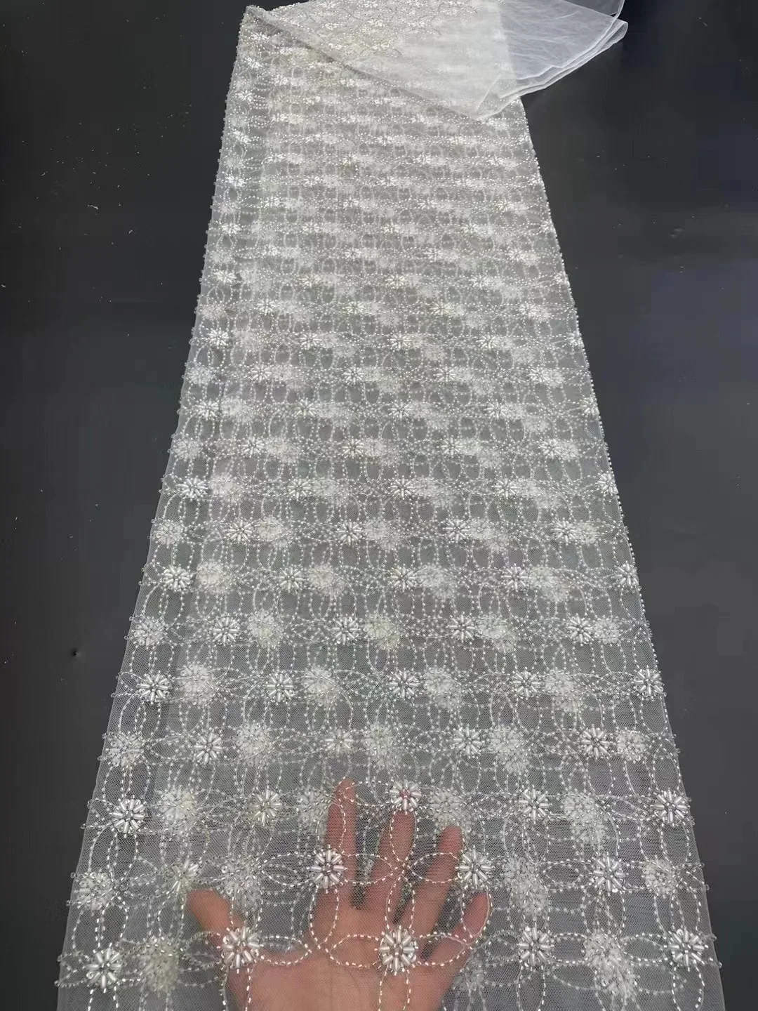 

Sky Blue High-End Handmade Beaded Lace Fabric Gold Embroidery French Lace Wedding Dress Embroidered Tulle Fabric