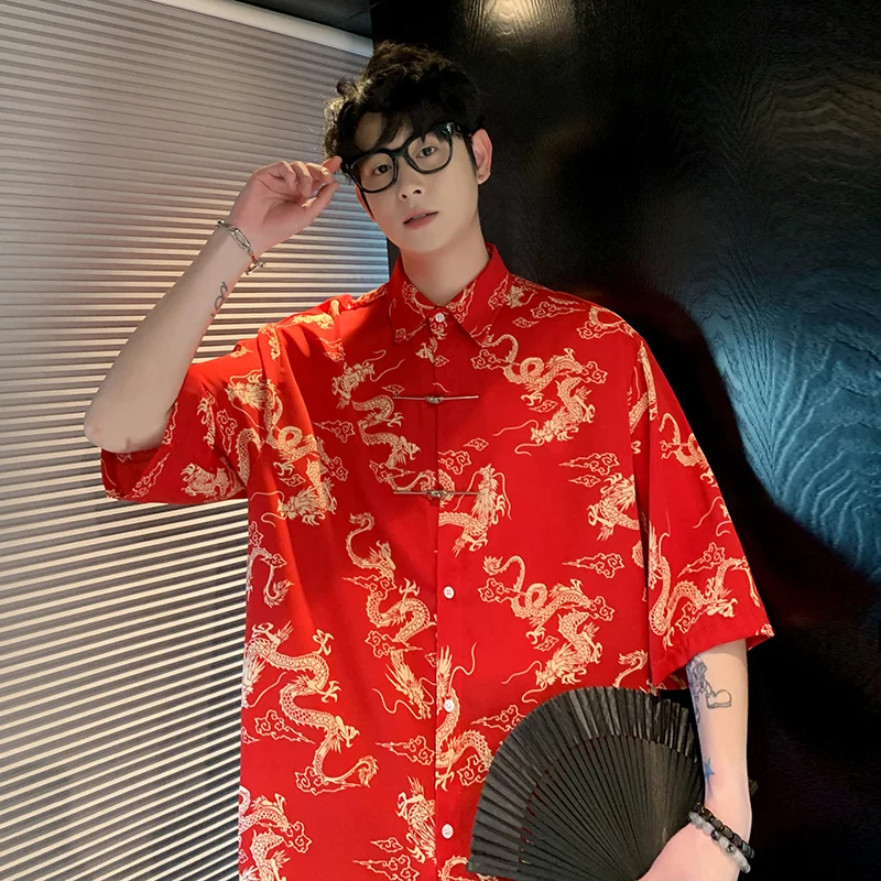 2024 Men Chinese Style Retro Tang Suit Rayon Print Dragon Suit Hanfu Men Oriental Clothing Black Short Sleeve Blouse Shirt