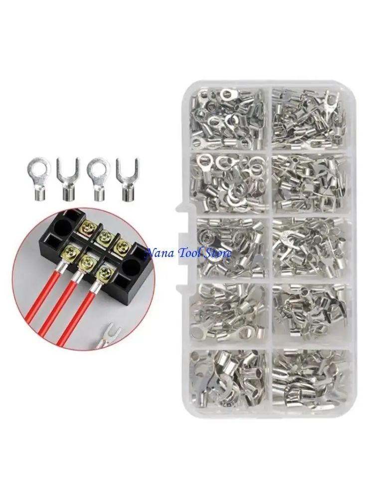 31GJ 320pcs Wire Crimp Connectors Non-Insulated Ring Fork U-Type Terminals Tin-Plated-Copper Wire Crimp Fork End Cable Lugs