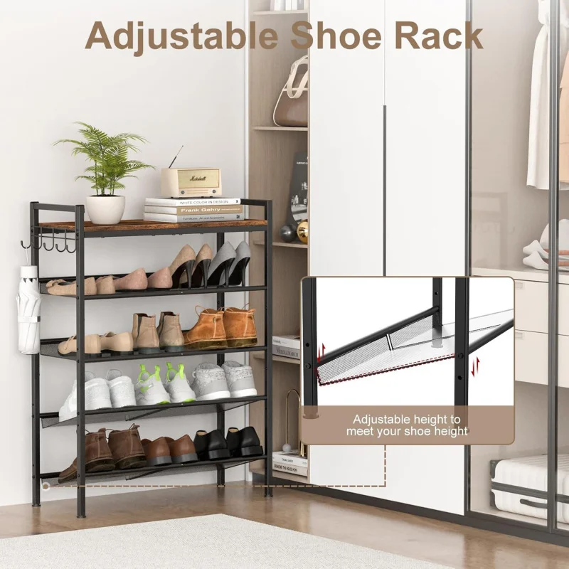 

Multi-Layer Home Entryway Rack With Adjustable Height And Hooks For Shoe Storage
